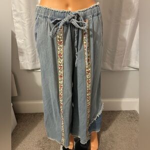 Cool POL size S blue stripe embroidered wide leg drawstring pants jeans new